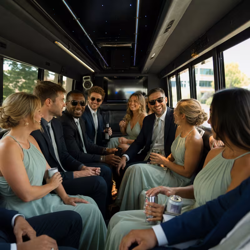 Wedding guests seated inside a Tallahassee party bus