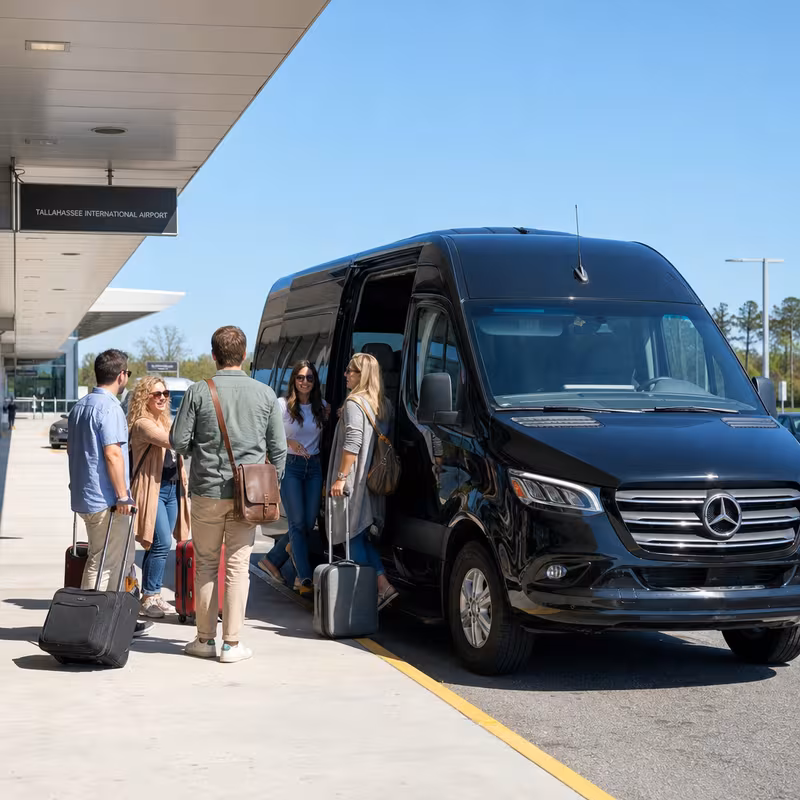 Group boarding a white charter bus for Airport Transportation transportation in Tallahassee