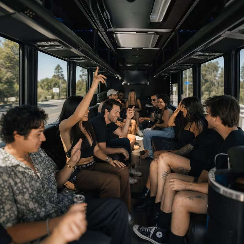 Group boarding a white charter bus for Concert Transportation transportation in Tallahassee