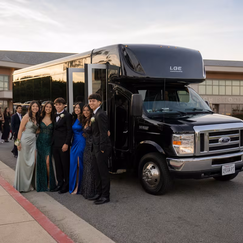 Group boarding a white charter bus for Prom & Homecoming Transportation transportation in Tallahassee