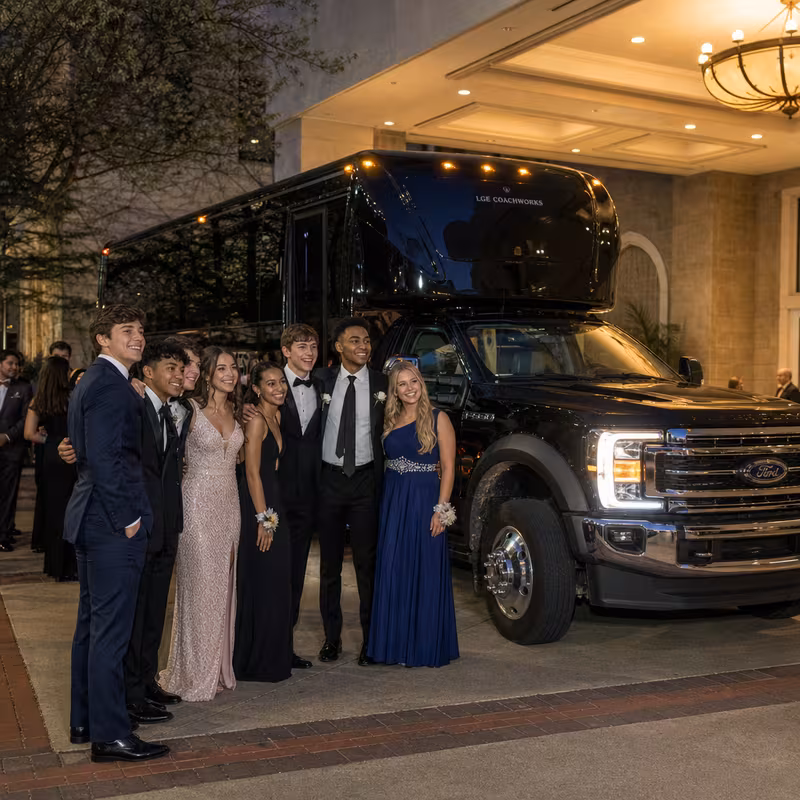 Party bus interior with wraparound leather seating and LED lighting in Tallahassee